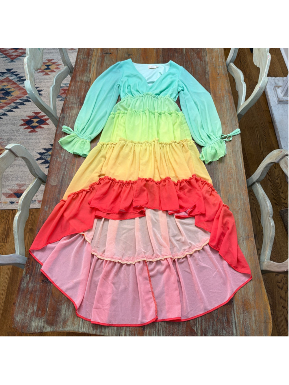 Champagne & Strawberry Rainbow Colorblock Tiered High Low Dress XS Chiffon Ombré